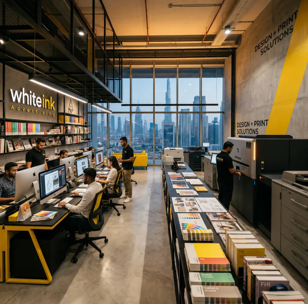 Design team and digital printing press inside White Ink's Dubai studio, city skyline in view